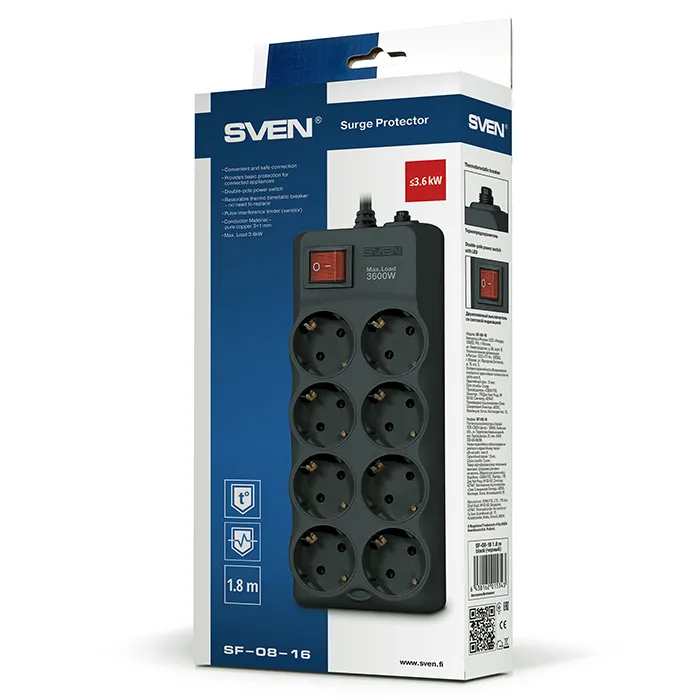 Prelungitor electric SVEN SF-08-16, 8 Prize, 3m, Negru