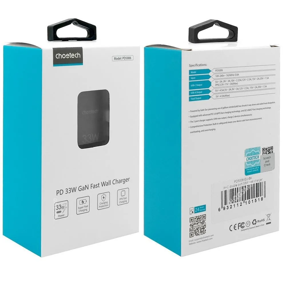 Зарядное устройство Choetech PD5006-BK, 33Вт, Чёрный