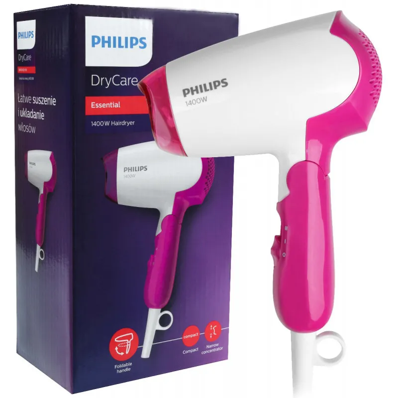 Uscător de păr compact Philips DryCare Essential BHD003/00, 1400 W, Alb | Roz