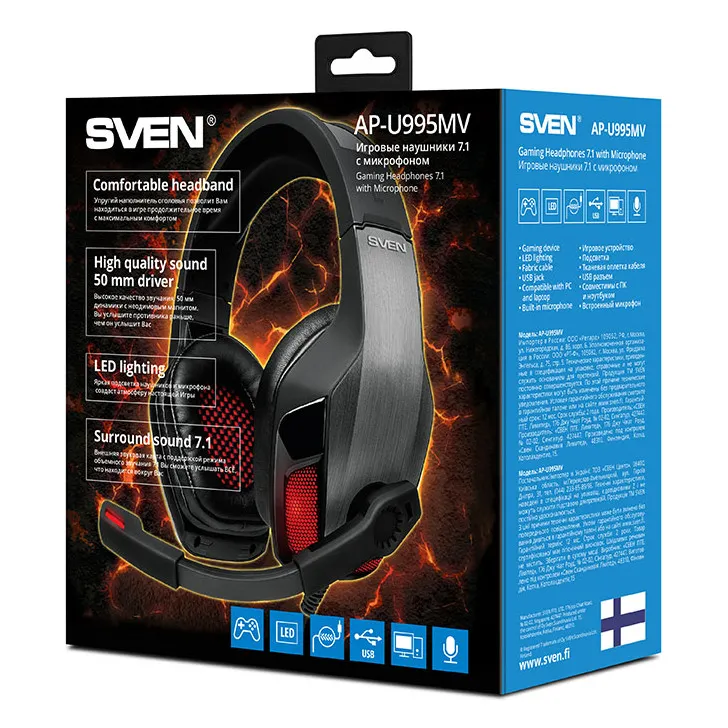 Căști gaming SVEN AP-U995MV, Cu fir, Negru/Roșu