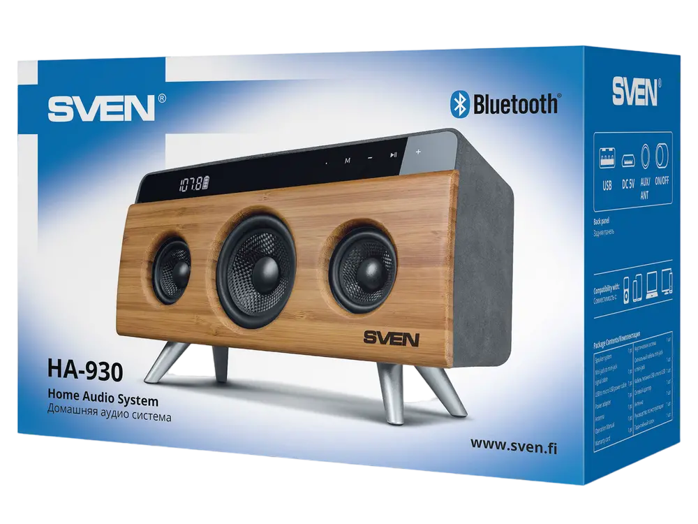 Audio System SVEN HA-930 Bamboo, 30W, Bluetooth, FM, USB, LED-display, 2x2200mA*h