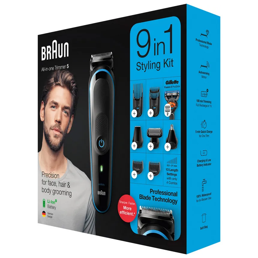 Мужской Триммер Braun 9-in-1 Trimmer MGK5280, Черный | Синий