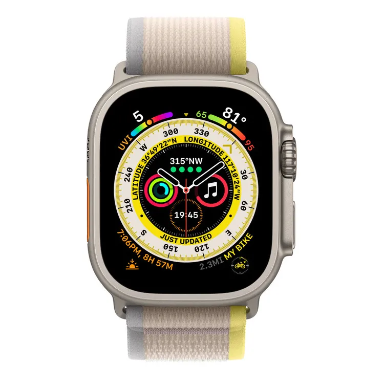 Apple Watch Ultra GPS + Cellular 49mm Titanium Case with Yellow/Beige Trail Loop - M/L, MQFU3