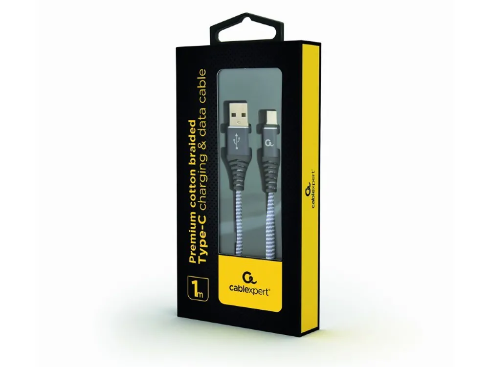  Blister Type-C/USB2.0, AM/CM,  1.0 m, Cablexpert Cotton Braided Spacegrey/WhiteCC-USB2B-AMCM-1M-WB2