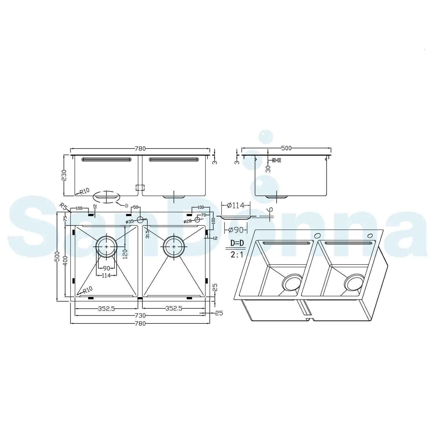 Chiuveta handmade SanDonna HD7850 dubla Auriu