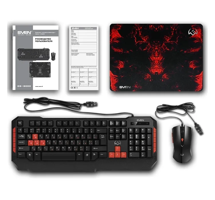 Set Tastatură + Mouse + Mouse Pad SVEN GS-9000, Cu fir, Negru/Rosu