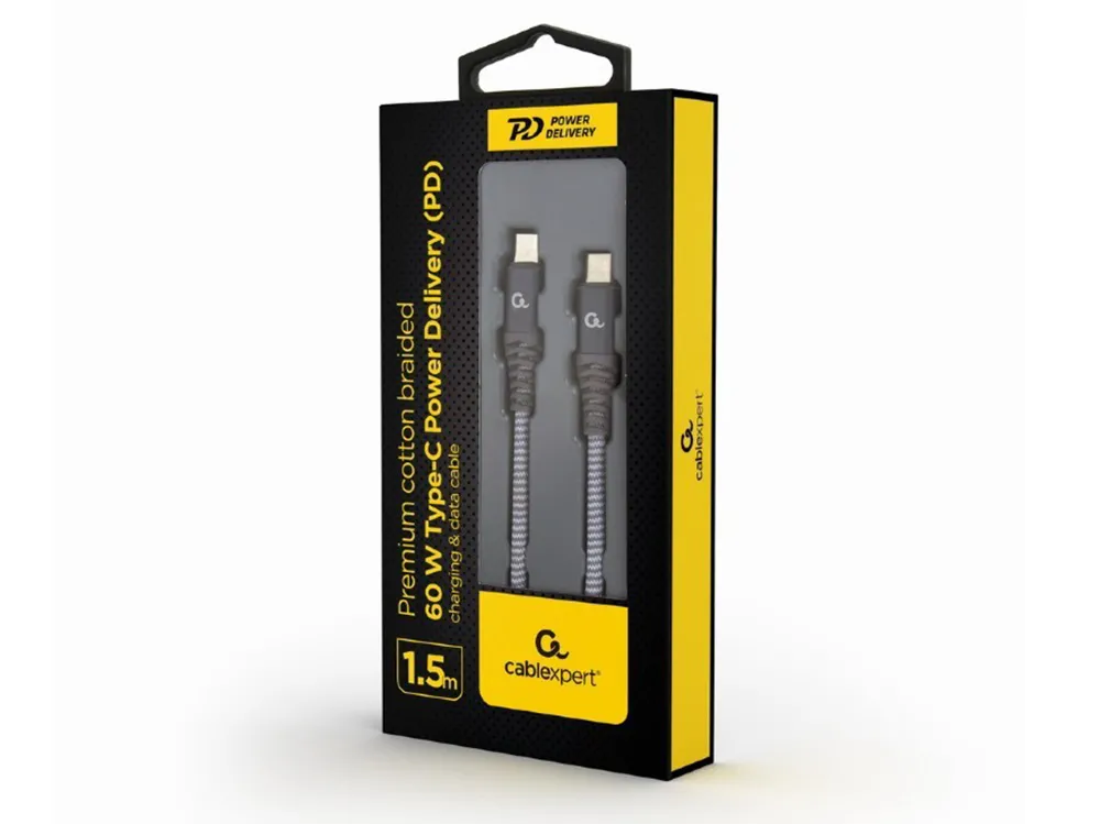  Blister Type-C/Type-C, CM/CM,  1.5 m,  60W charging power,Cablexpert Cotton Braided Spacegrey/White