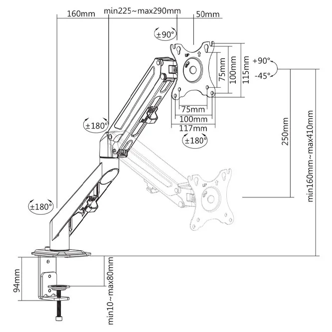Suport birou pentru monitoare BRATECK LDT25-C012, Negru