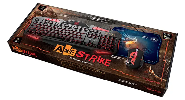 Клавиатура, мышь и коврик для мыши QUMO Axe Strike, Проводное, Черный/Красный