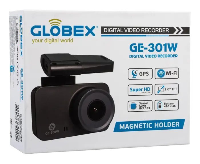 Cameră auto DVR Globex GE-301w, 2304 x 1926, Negru