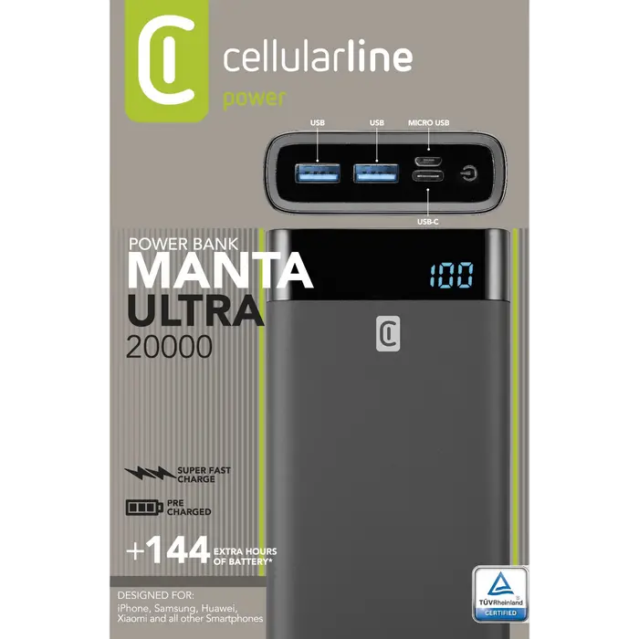 Acumulator extern Cellularline FreePower MANTA 20000, 20mAh, Negru