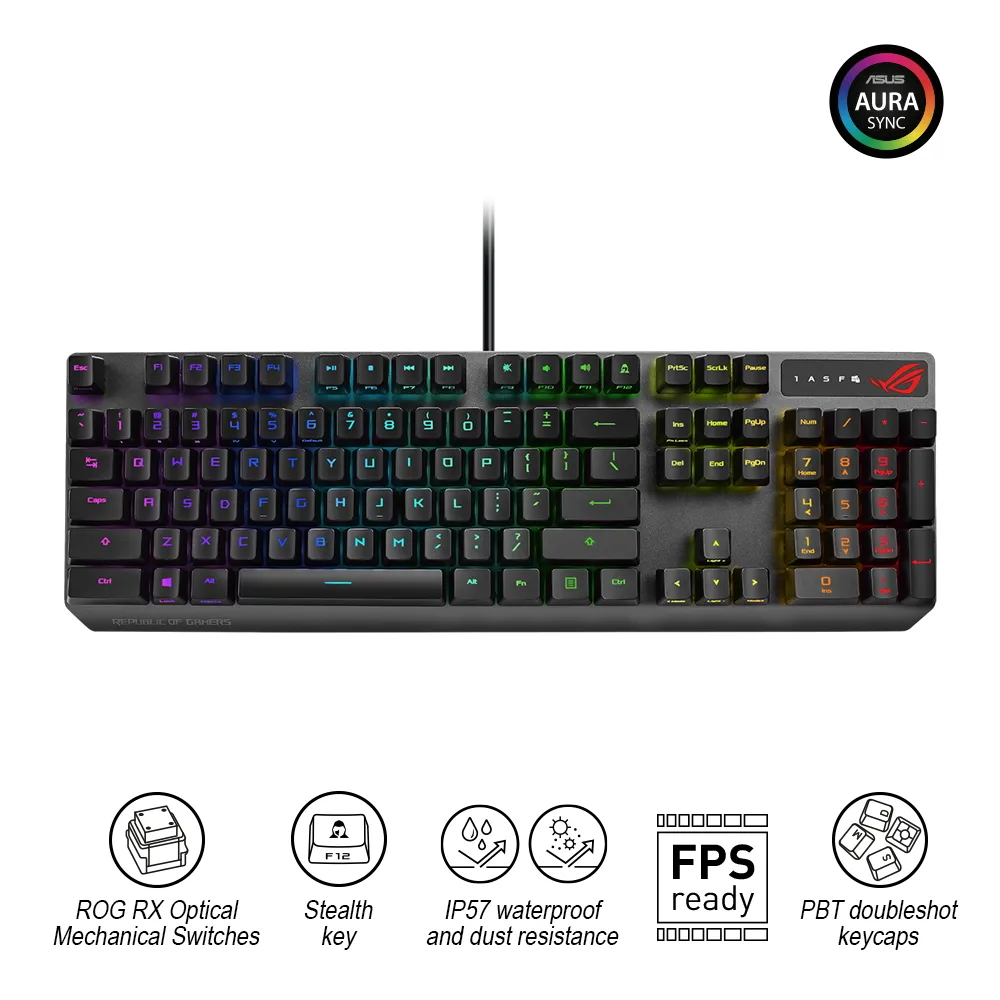 Gaming Keyboard Asus Strix Scope RX, Optical, for FPS, Aura Sync RGB, IP56, US Layout