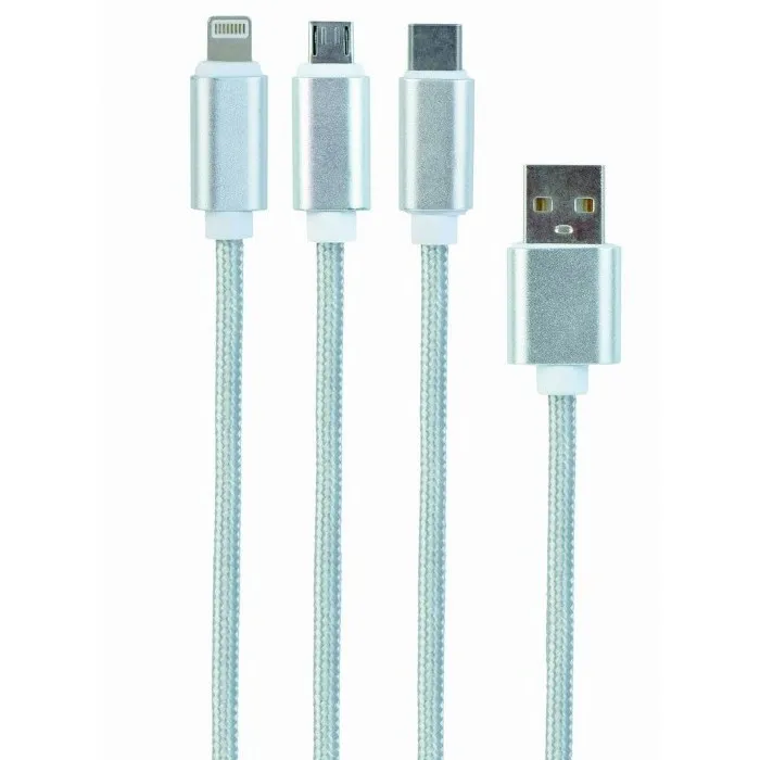 Кабель для зарядки и синхронизации Cablexpert CC-USB2-AM31-1M-S, USB Type-A/Micro USB, Type-C, Lighting, 1м, Серебристый