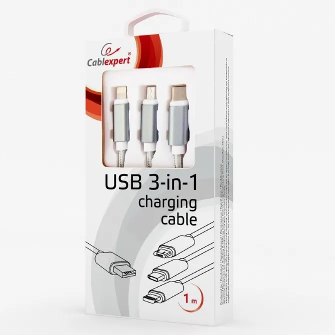 Кабель для зарядки и синхронизации Cablexpert CC-USB2-AM31-1M-S, USB Type-A/Micro USB, Type-C, Lighting, 1м, Серебристый