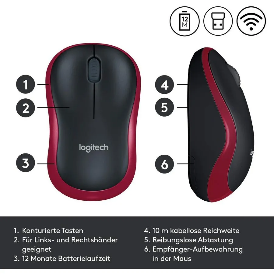 Беcпроводная мышь Logitech M185, Красный