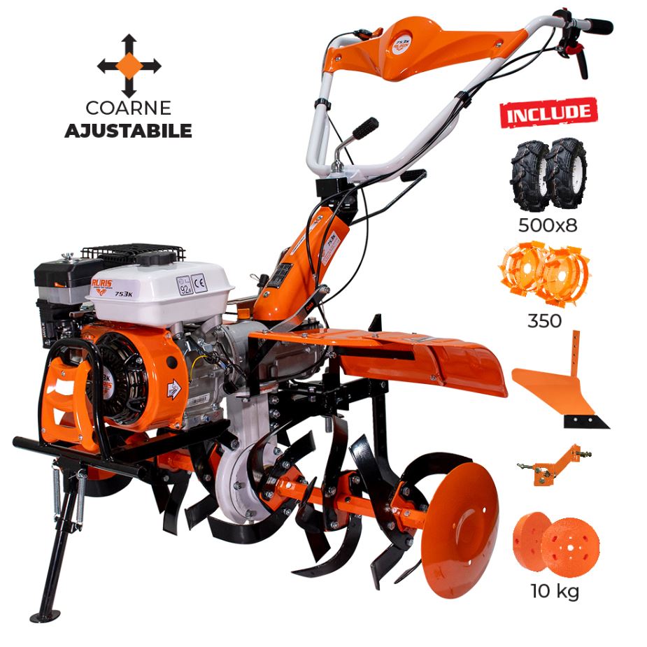 Motocultor Ruris 753K + roti cauciuc 5.00-8+plug+adaptor+roti metalice 350 fara manicot+set contragreutati 10kg