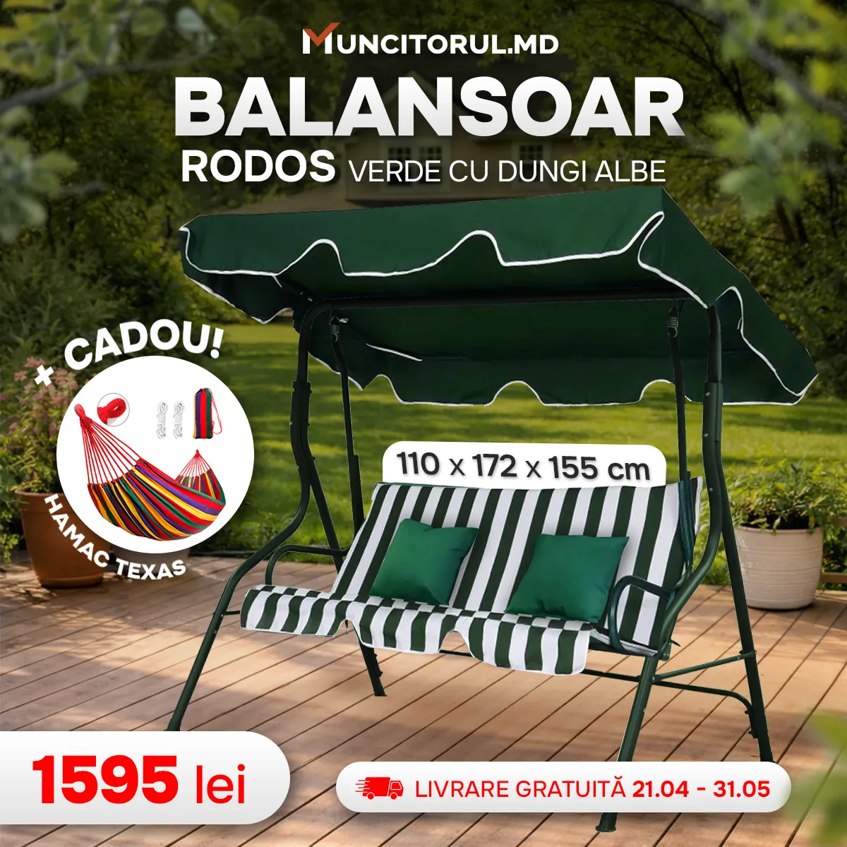 Balansoar RODOS (verde cu dungi albe) + Hamac TEXAS Cadou