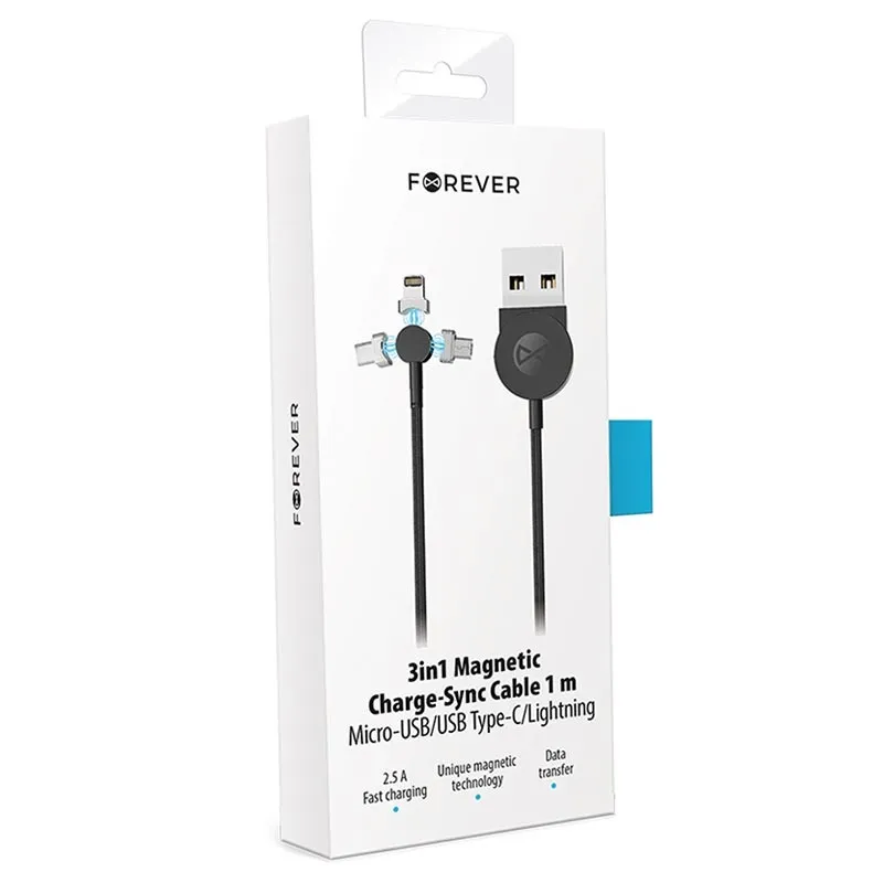 Кабель для зарядки и синхронизации Forever Magnetic Cable 3in1, USB Type-A/Micro USB, Type-C, Lighting, 1м, Чёрный