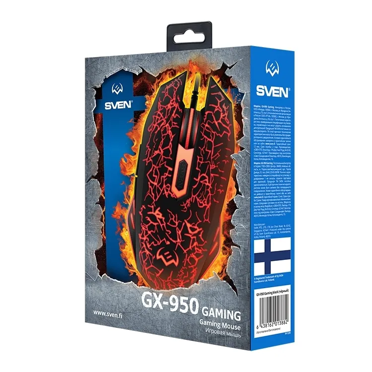 Gaming Mouse SVEN GX-950, Optical 600-1600 dpi, 6 buttons, 4 color backlight, Soft Touch ,Black, USB