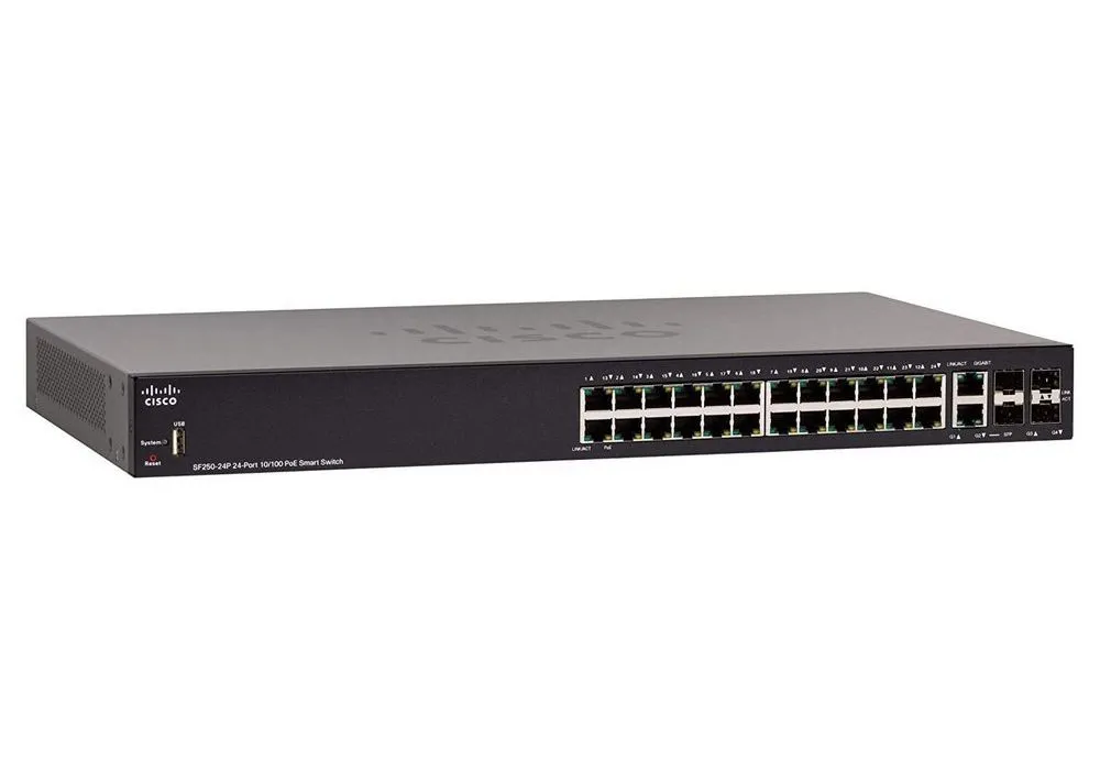 Сетевой коммутатор Cisco SF250-24P, 24x 10/100 Мбит/с, 4x SFP