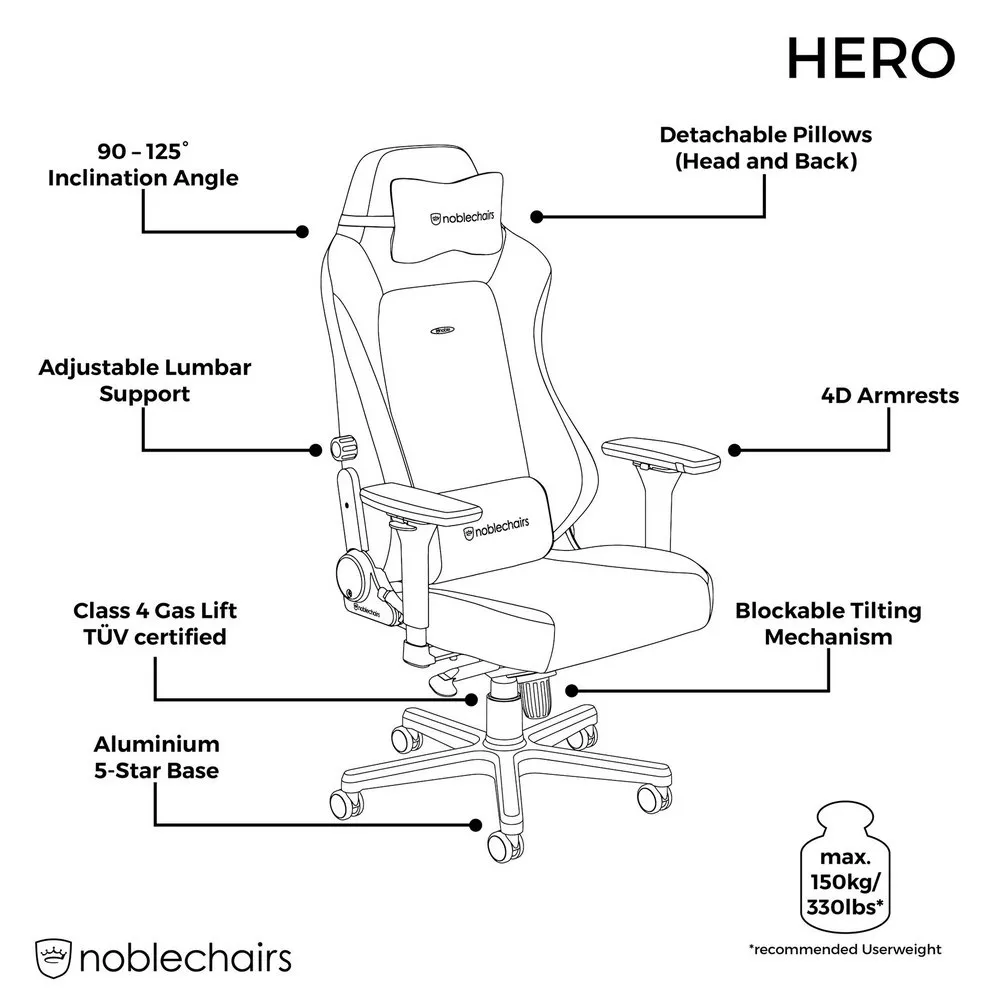 Scaun Gaming Noblechairs Hero, Piele naturală, Negru