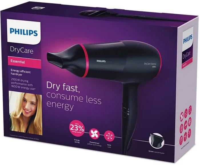 Uscător de păr Philips DryCare Essential BHD029/00, 1600 W, Negru