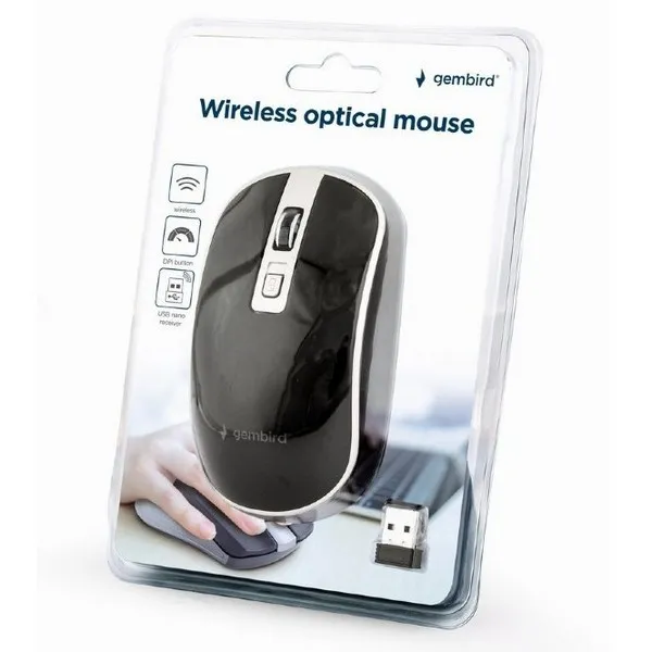 Wireless Mouse Gembird MUSW-4B-06-BS  800-1600 dpi, 4 buttons, Ambidextrous, 1xAA, Black/Silver