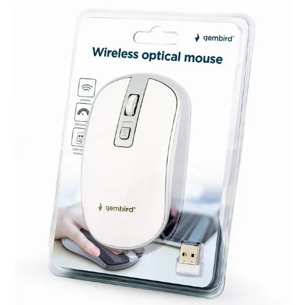 Wireless Mouse Gembird MUSW-4B-06-WS, 800-1600 dpi, 4 buttons, Ambidextrous, 1xAA, White/Silver