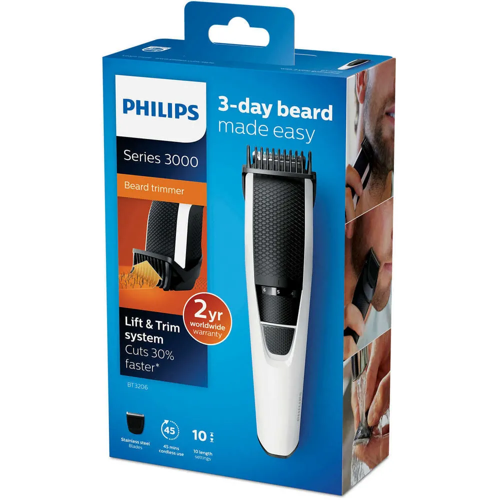 Trimmer pentru bărbați Philips Beardtrimmer Series 3000 BT3206/14, Negru | Alb