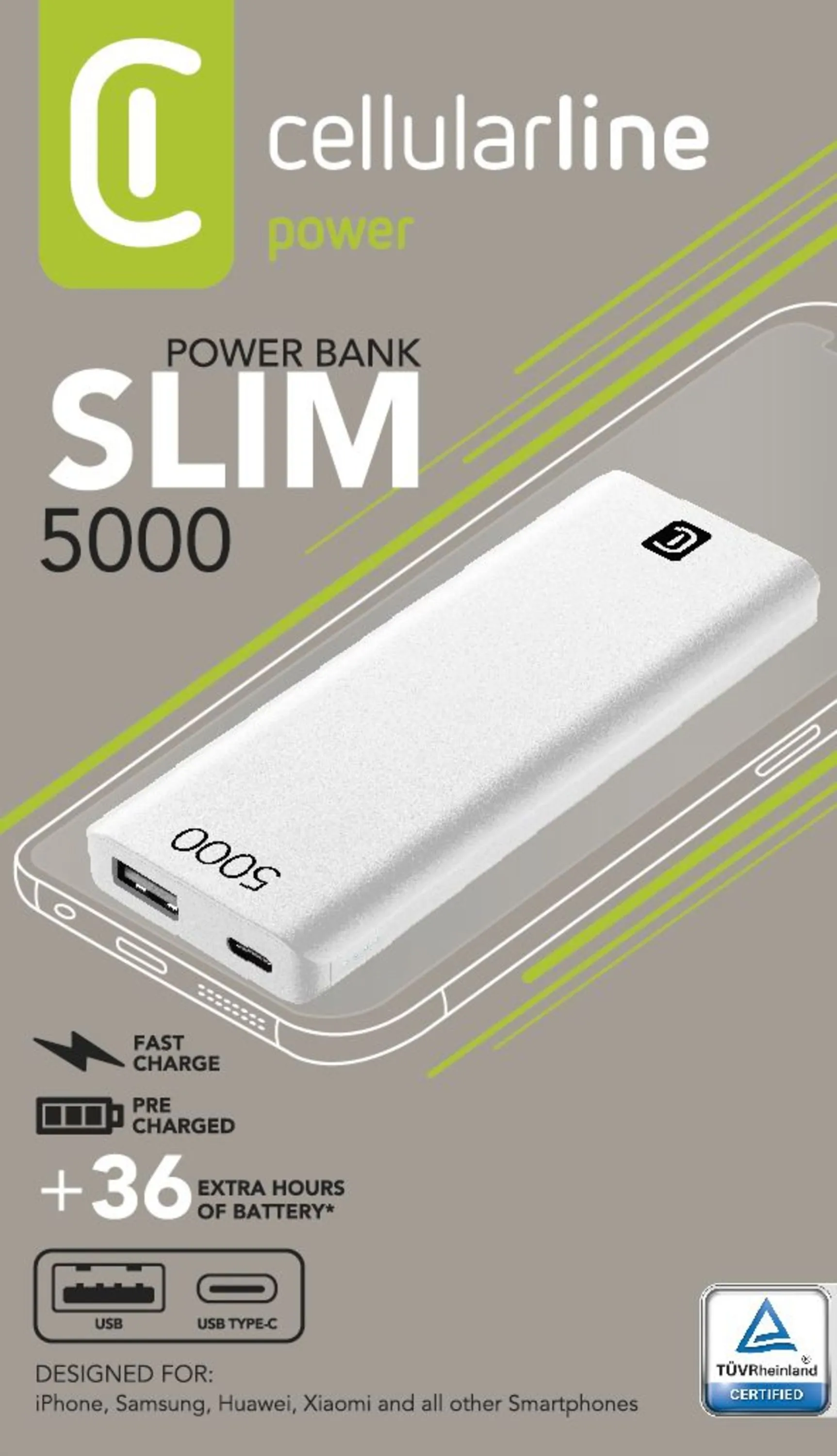 Acumulator extern Cellularline FreePower Slim 5000, 5mAh, Alb