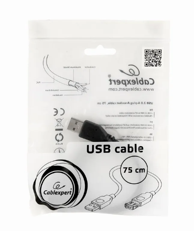 Удлинитель Cablexpert CC-USB2-AMAF-75CM/300-BK, USB Type-A (M)/USB Type-A (F), 0,75м, Чёрный