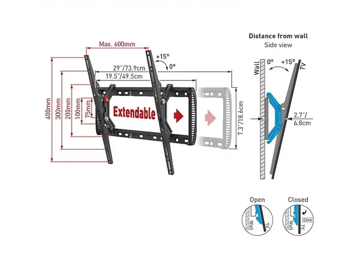 Suport înclinat pe perete BARKAN BM410T, Negru