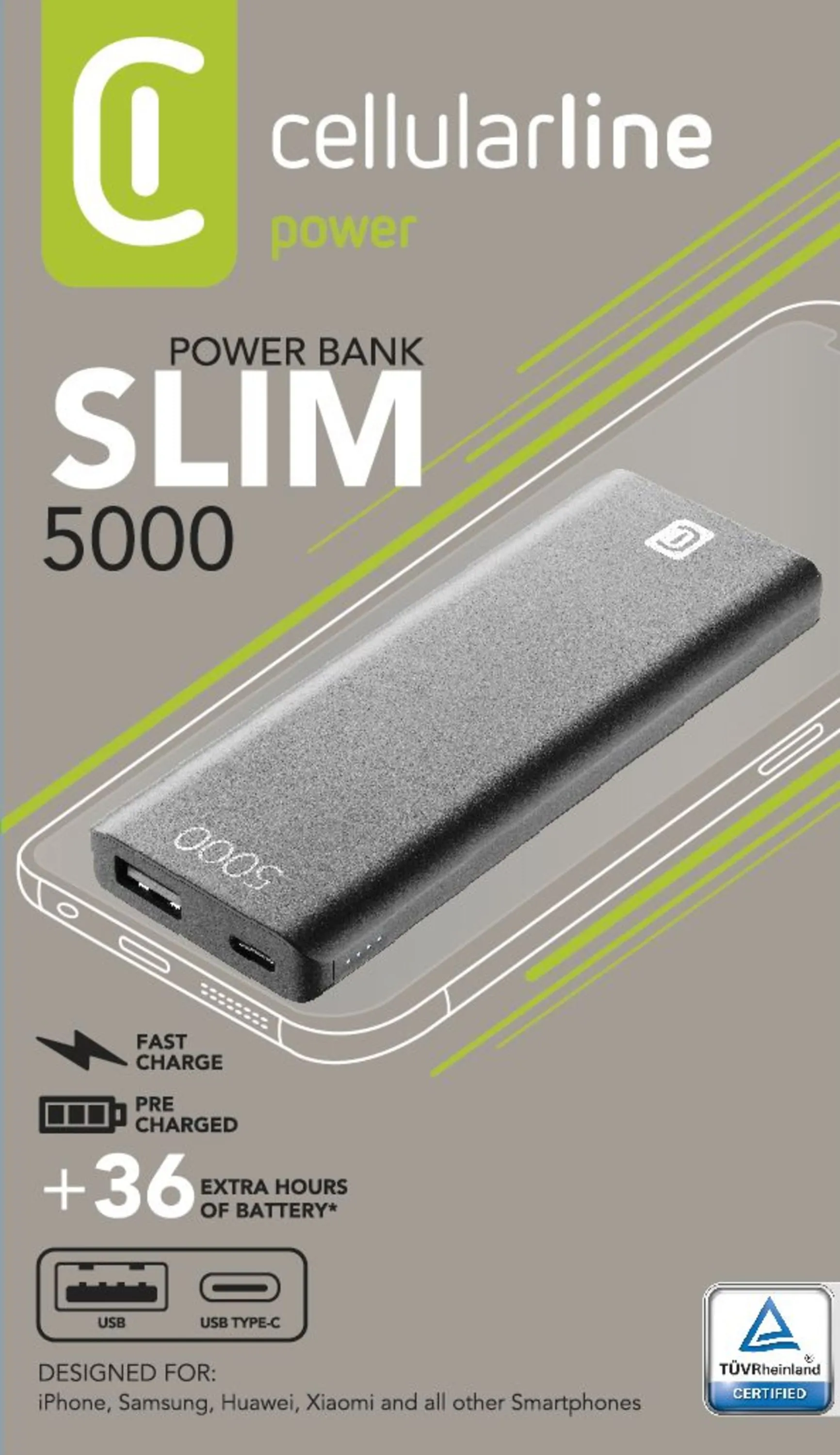 Acumulator extern Cellularline FreePower Slim 5000, 5mAh, Negru