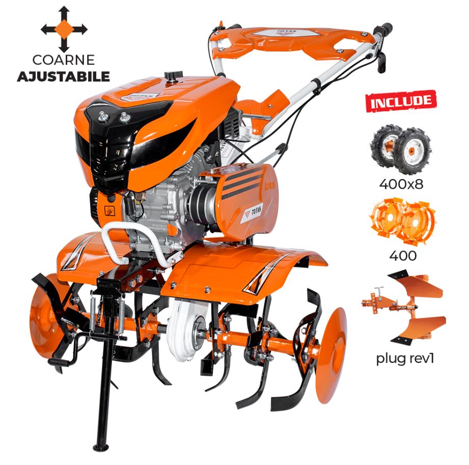 Motocultor Ruris 701KS + roti cauciuc 4.00-8 + plug reversibil rev1 + roti metalice 400 fara manicot