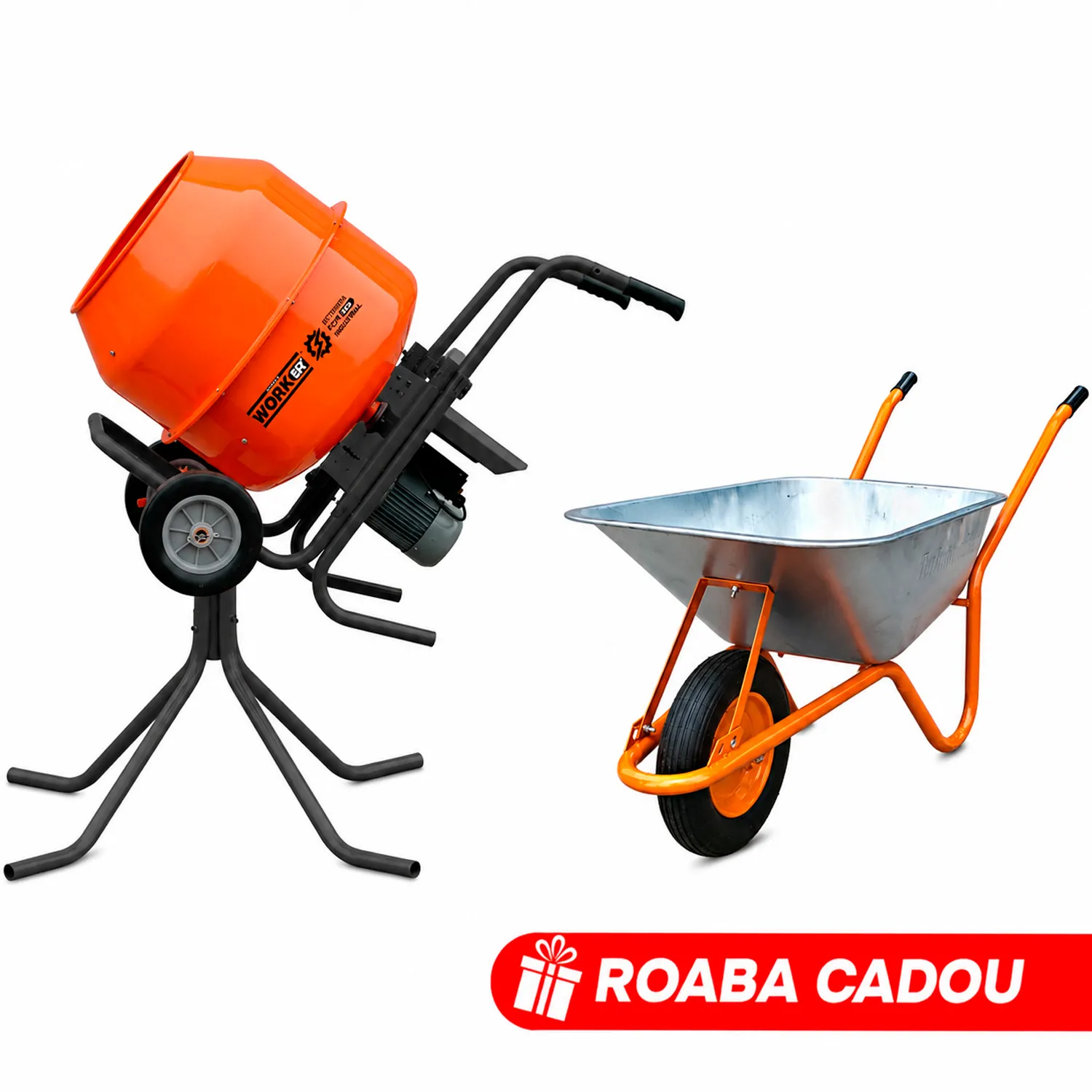 TIK TOK Betoniera TechnoWorker 180 L (Reductor) + stativ + Roaba 85 L Cadou