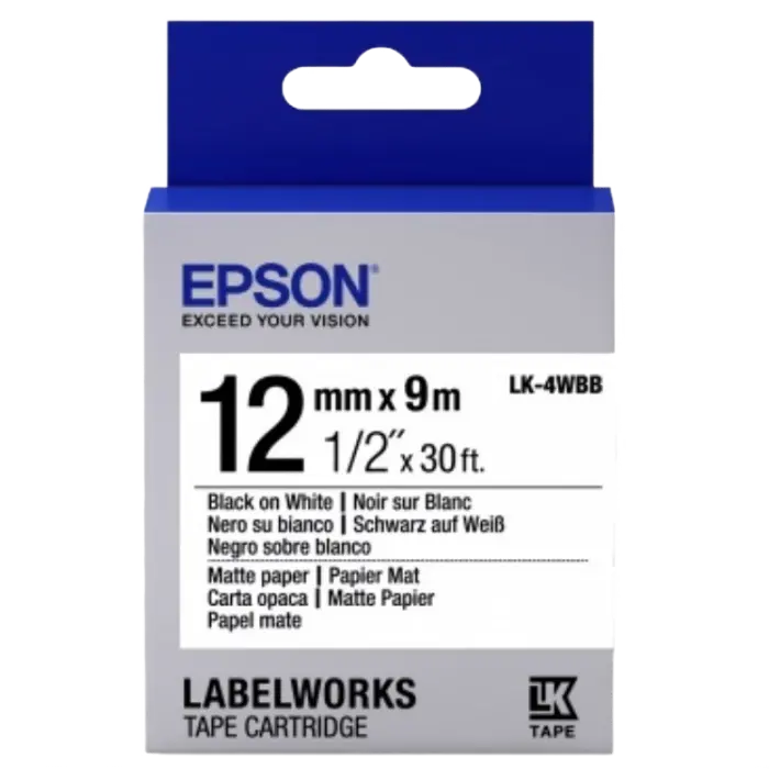 Cartuș de bandă EPSON LK4WBB; 12mm/9m hârtie mată, negru/alb, C53S654023