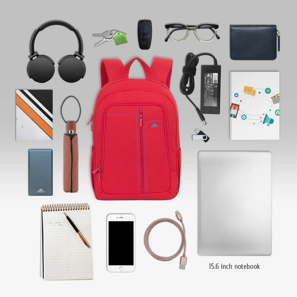 Rucsac pentru Laptop RivaCase Canvas, 15.6", Poliester, Roșu