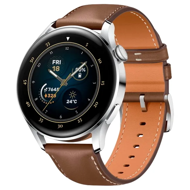 Ceas inteligent Huawei WATCH 3, 46mm, Carcasă Stainless Steel cu curea din piele Maro