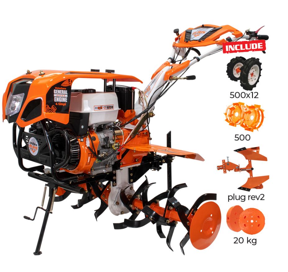 Motocutor Ruris 1300KS + roti cauciuc 5.00-12+plug reversibil rev2+roti metalice 500+set contragreutati 20kg