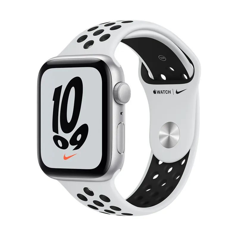 Ceas inteligent Apple Watch SE MKQ73, 44mm, Carcasă din aluminiu cu bandă sportivă Pure Platinum/Black Nike Band