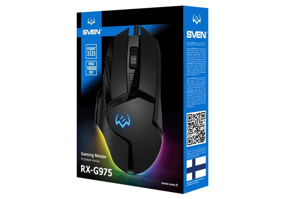 Gaming Mouse SVEN RX-G975, Optical, 200-10000 dpi, 10 buttons, Soft Touch, RGB, Black, USB