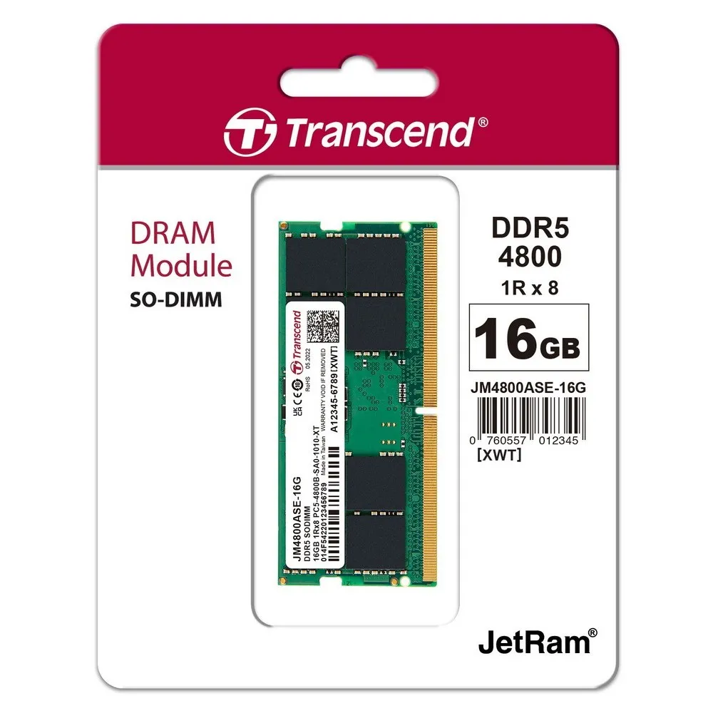 Оперативная память Transcend JetRam, DDR5 SDRAM, 4800 МГц, 16Гб, JM4800ASE-16G