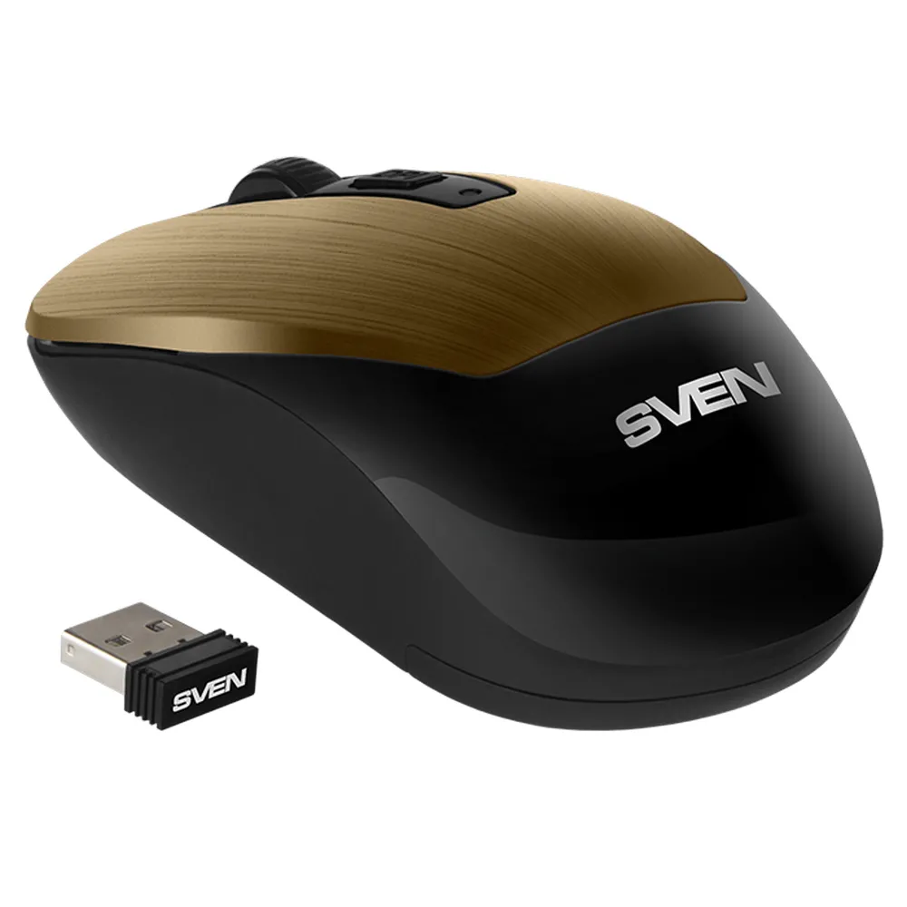 Wireless Mouse SVEN RX-380W, Optical, 800-1600 dpi, 6 buttons, Ambidextrous, 1xAA, Bronze