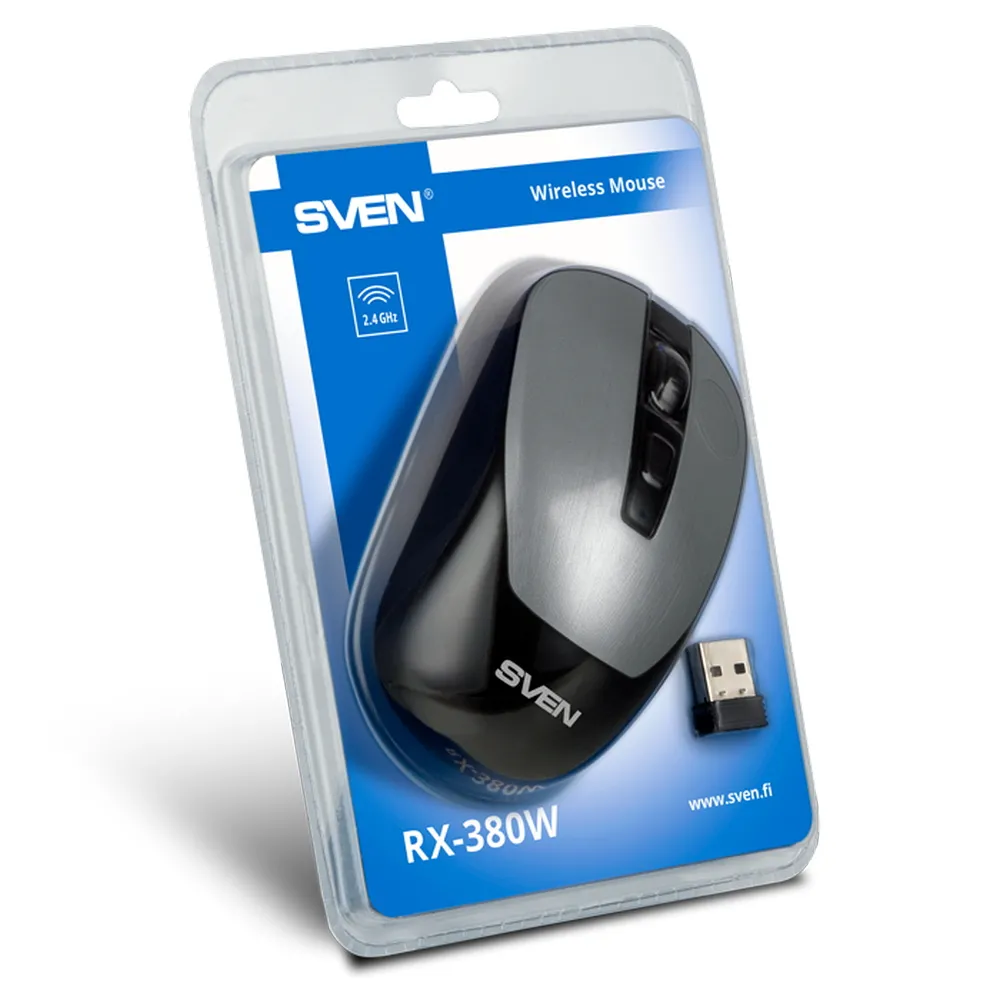 Wireless Mouse SVEN RX-380W, Optical, 800-1600 dpi, 6 buttons, Ambidextrous, 1xAA, Silver