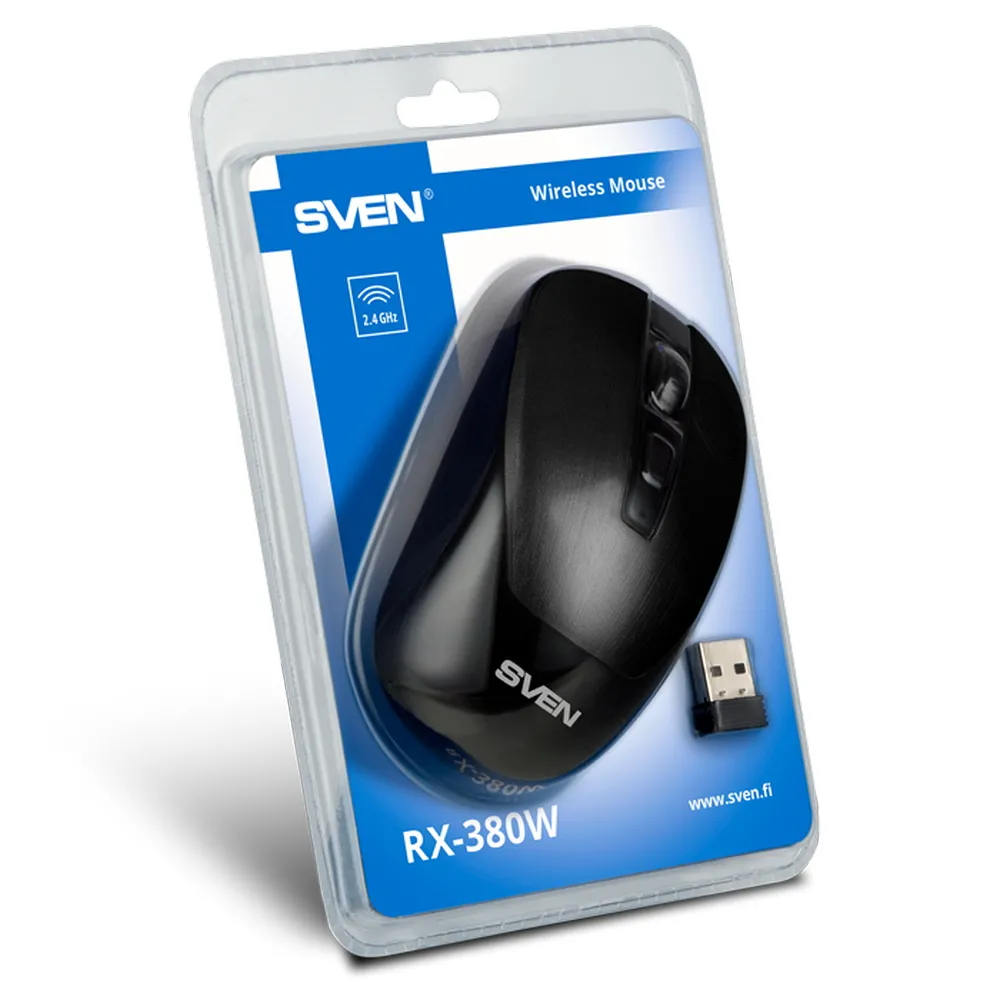 Wireless Mouse SVEN RX-380W, Optical, 800-1600 dpi, 6 buttons, Ambidextrous, 1xAA, Black