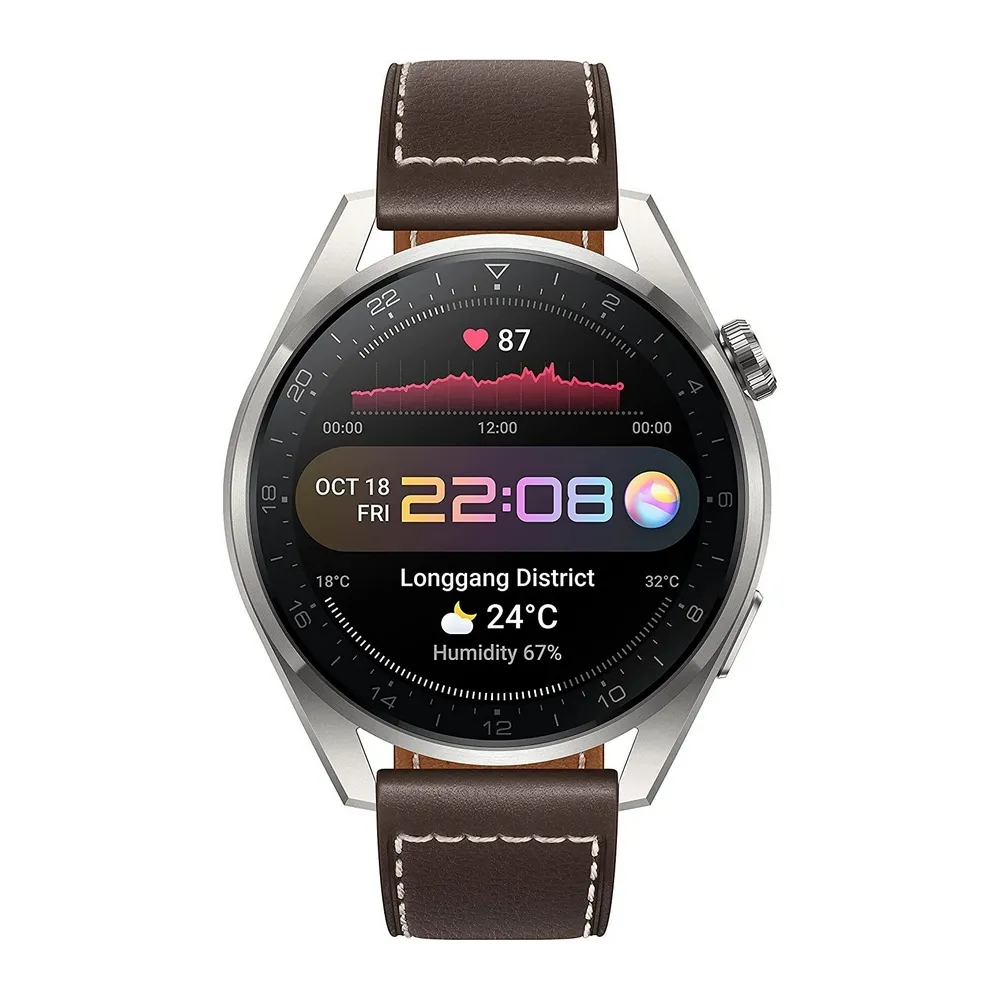 Ceas inteligent Huawei WATCH 3 Pro, 48mm, Carcasă Titanium Gray  cu curea din piele Maro