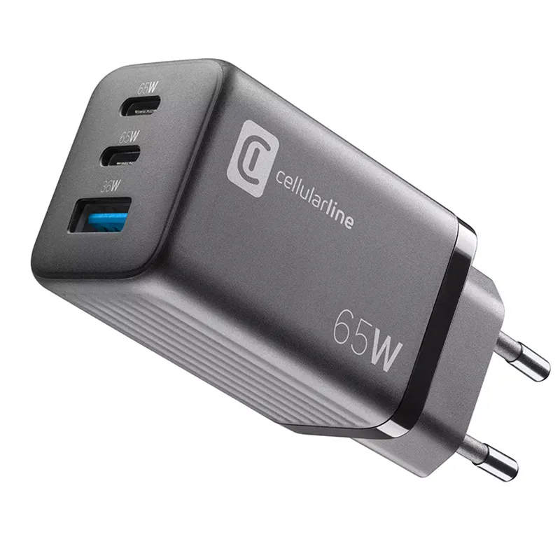 Încărcător Cellularline Wall Charger GAN, 3 Ports, 65W, Negru