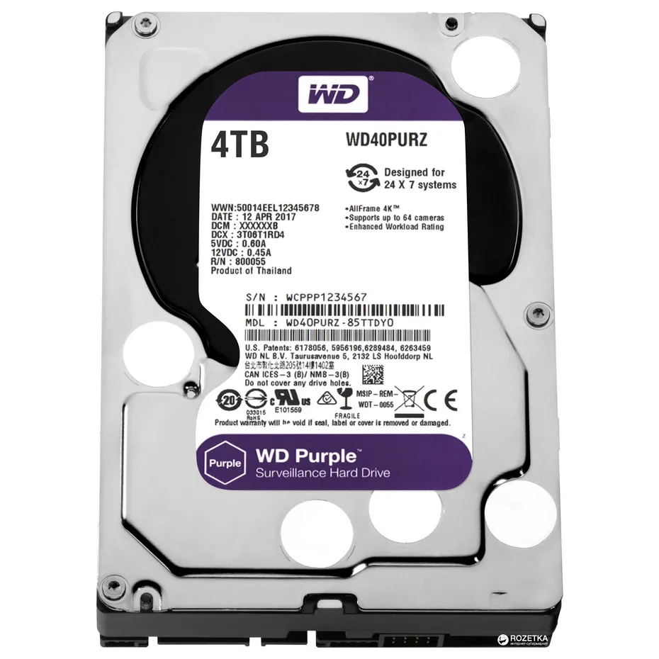 Жесткий диск Western Digital WD Purple, 3.5", 4 ТБ <WD40PURZ>