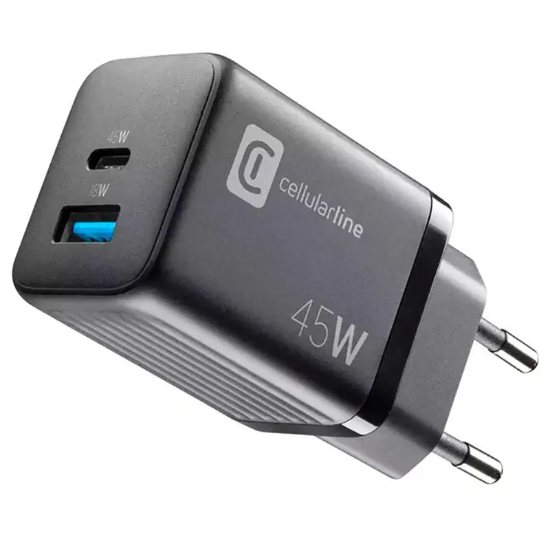 Зарядное устройство Cellularline Wall Charger GAN, 2 Ports, 45W, 45Вт, Чёрный