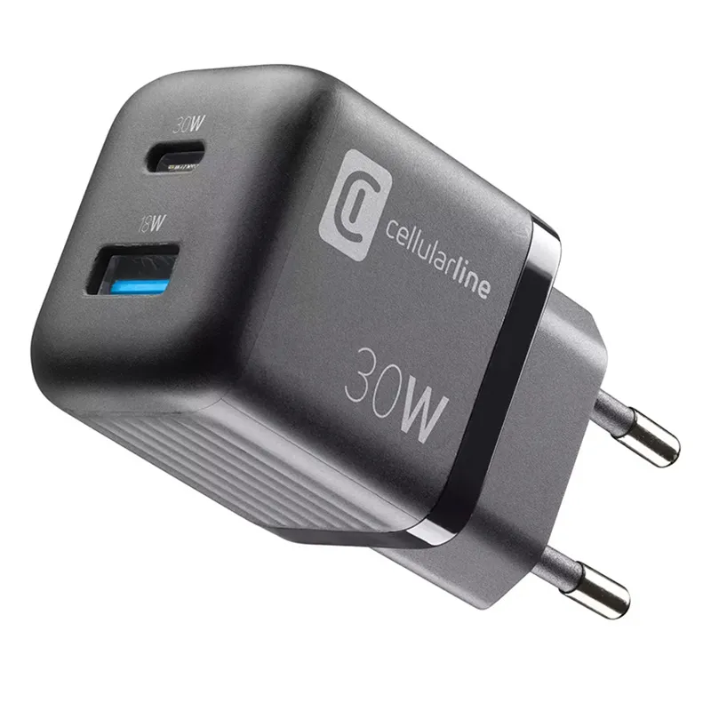 Зарядное устройство Cellularline Wall Charger GAN, 2 Ports, 30W, 30Вт, Чёрный